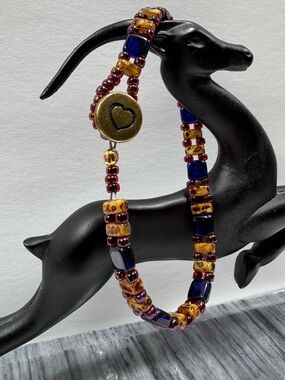 Hand Made CzechMates Tile Single Wrap Beaded Bracelet Picasso Tan Navy 7.25” NWT